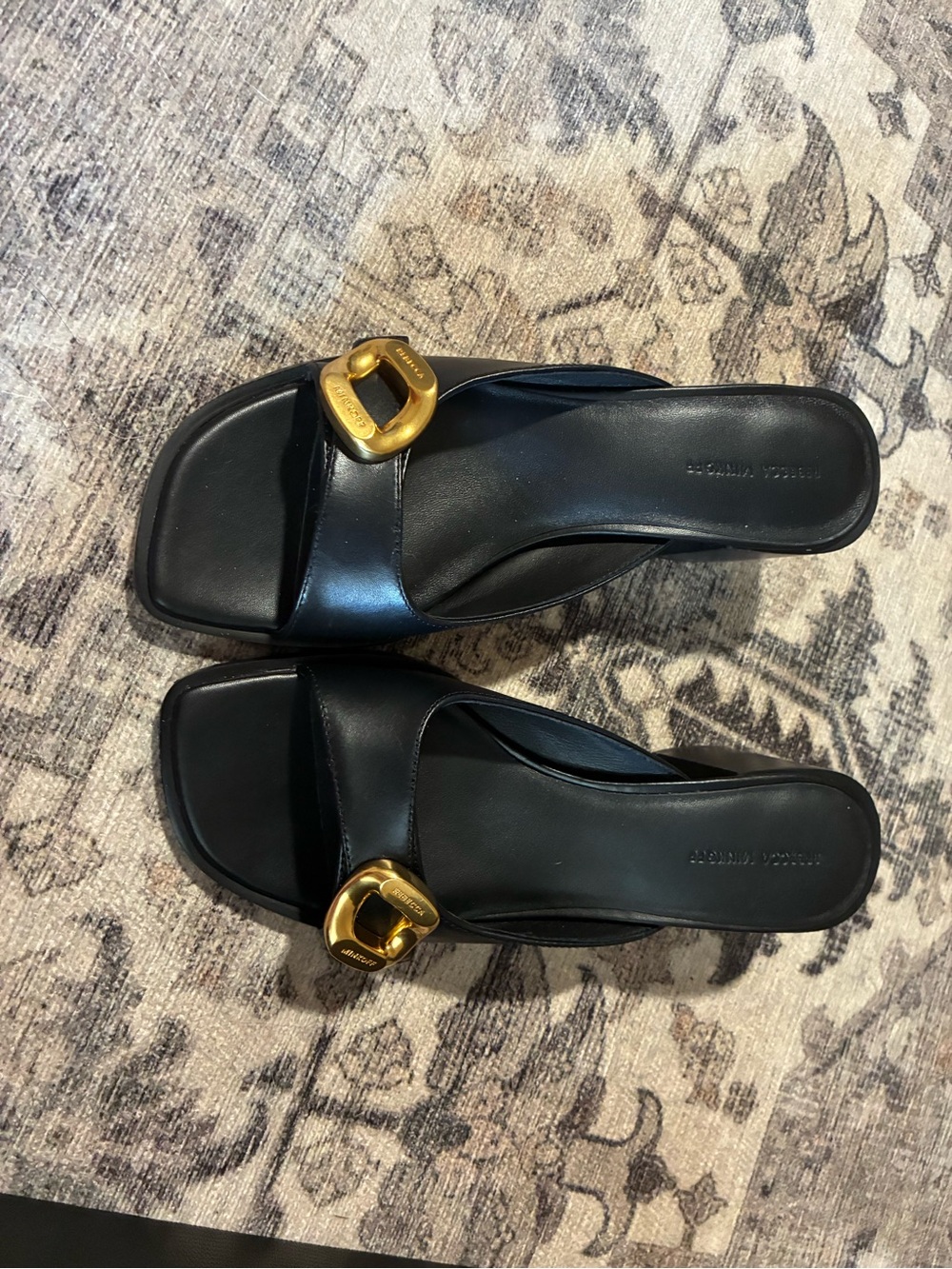 Rebecca Minkoff G Slide Sandal black Leather Slide Mules with Gold Buckle
